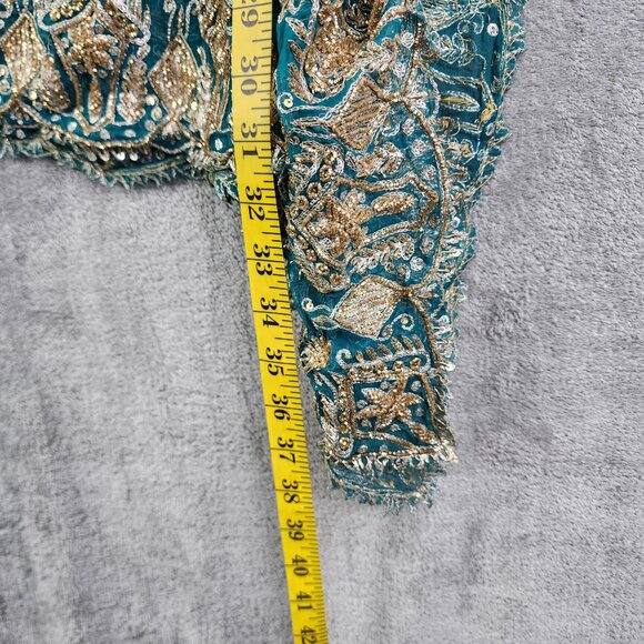 Handcrafted Teal & Gold Embroidered Sheer Shawl With Floral Motifs - Picture 8 of 9